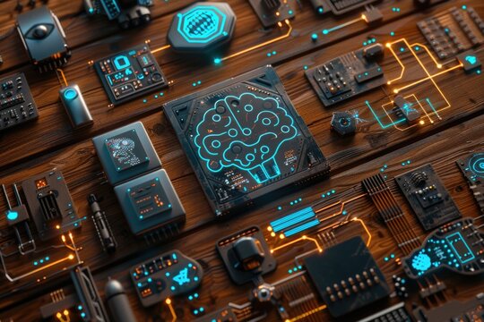 Artificial Intelligence Concept Display with Processors, Circuitry, and AI Applications on Wooden Background