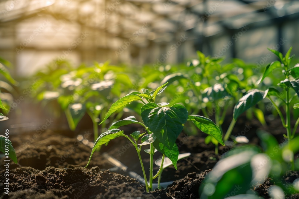 Wall mural the young bell pepper plants growing in sunlit greenhouse