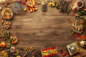 Display of Spain Day with Spanish flag, landmarks, cuisine, and flamenco dancers on a wooden background. - obrazy, fototapety, plakaty
