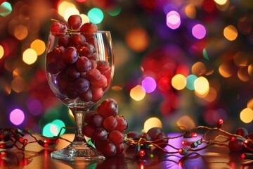 Twelve grapes in a glass for New Year's tradition in Spain, ready at midnight