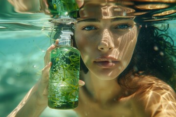 beautiful diverse woman holding a serum bottle with algae underwater, face closeup portrait