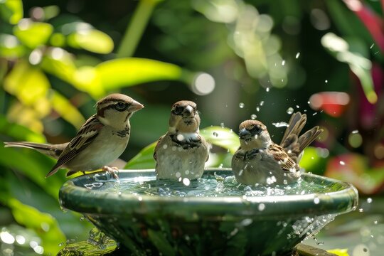 Three Double Bar Finches bathe in a green bird bath in the sun with plants behind them