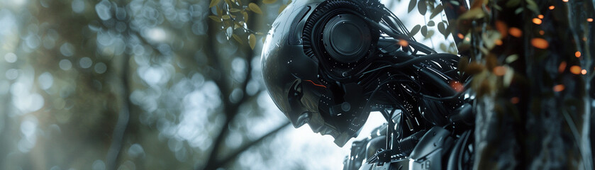 The photo shows a close-up of a robot's head. The robot's eyes are glowing red and it has a metallic body. It is standing in a forest and there are trees in the background.