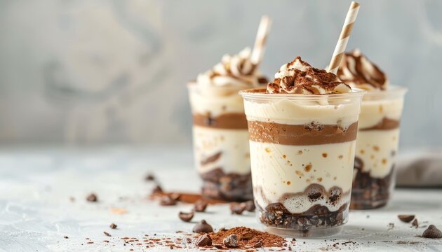 Tiramisu cocktail and milk shake in plastic cups on a bright background