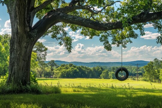 Tire swing on oak tree in summer with green grass