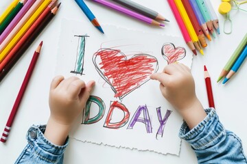Toddler creates Father s Day card with crayons and paints heart symbol View from above on hands and pencils with copy space