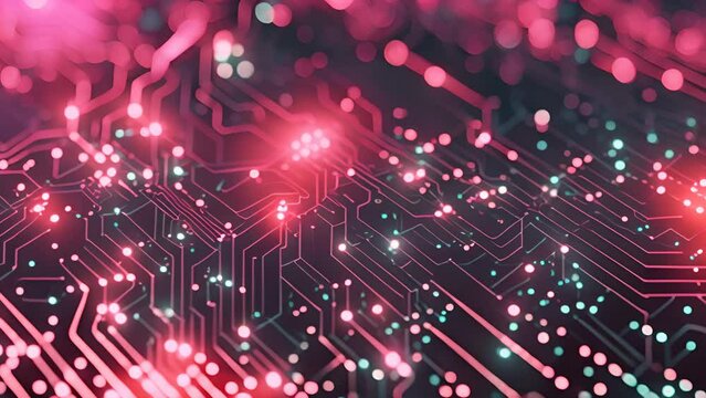 A circuit board with pink and blue lights.