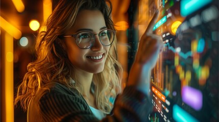 A woman in glasses is pointing at a graph on an interactive screen, while smiling and looking down at it,Generative AI illustration.