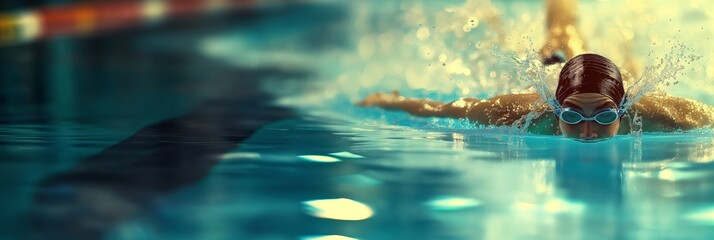 A dedicated swimmer does laps in an illuminated pool, captured in a moment of focused determination