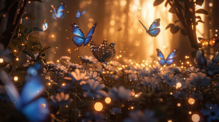A field of flowers with a large number of butterflies flying around