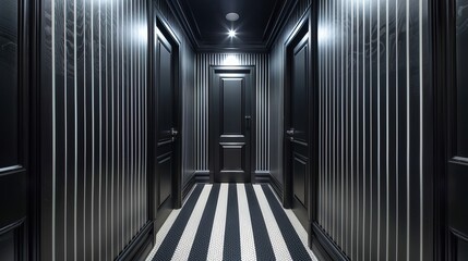 Dark and mysterious hotel hallway with black and white striped floor.