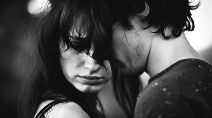 Two people breaking up in an emotional black and white picture.