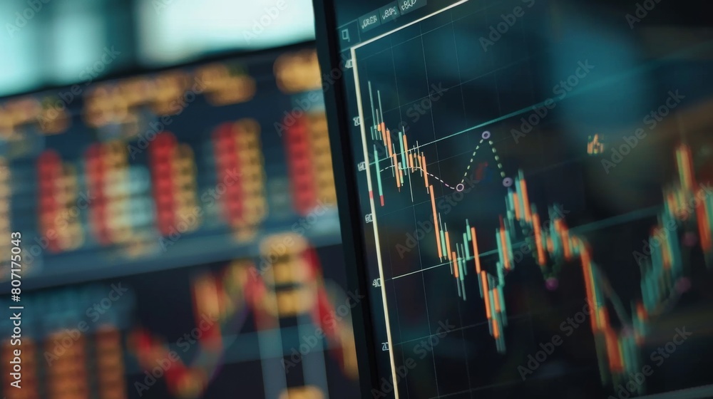 Leinwandbilder Close-up of a computer screen displaying a candlestick chart with gold price movements and technical indicators, representing trading analysis.