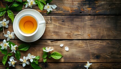 Top down view of a cup of green tea and a jasmine flower on a wooden table with space for text...
