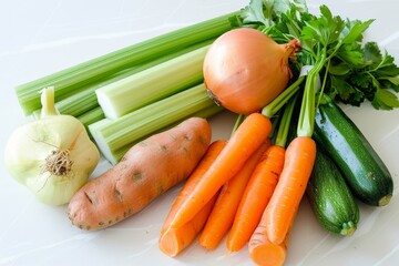 Top down view of assorted vegetables on white surface