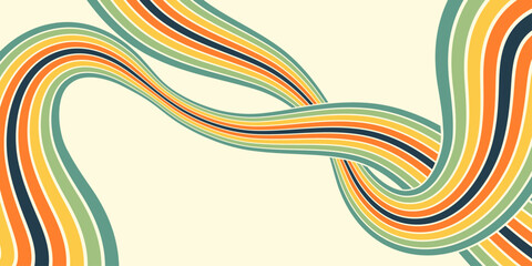 Abstract colorful 70s background vector. Vintage retro wallpaper with rainbow stripes and wavy lines. A 1970 color illustration suitable for posters, banners, decorative items and wall art.