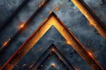 Generate a futuristic vector illustration featuring abstract metallic gray arrows with golden...