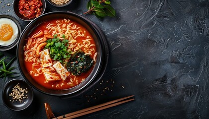 Top view Korean ramen soup with kimchi capturing the essence of traditional Asian cuisine Ideal for recipes logos and brands