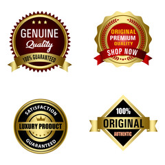 Set of Quality Badges and Labels Design Elements. Golden badge labels and laurel retro vintage collection. Emblem premium luxury logo in retro style template badges collection.