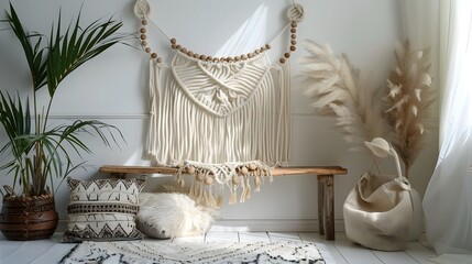Symmetrical Living Room with Macrame Wall Hanging, This image would be perfect for showcasing bohemian home decor or promoting macrame wall hangings