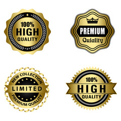 Set of Quality Badges and Labels Design Elements. Golden badge labels and laurel retro vintage collection. Emblem premium luxury logo in retro style template badges collection.