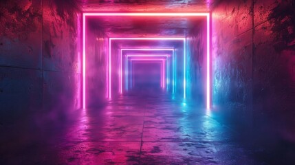 Neon-lit tunnel with pink and blue reflections on wet concrete