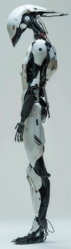 The image is of a tall, slender, white-colored robot with black markings