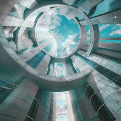 Fototapeta premium The image shows a modern building with a glass spiral staircase.The blue sky and white clouds can be seen through the glass.