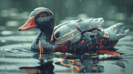 mechanical duck swimming in the pond