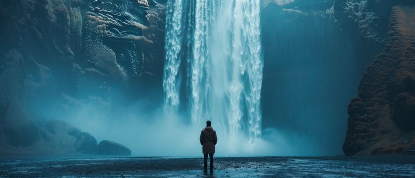 Majestic waterfall with mist, Traveler standing before rocky cliffs