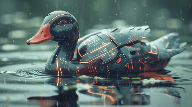 mechanical duck swimming in the pond