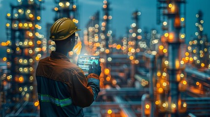 Engineer smart city industry background, sustainable power saving energy management smart factory technology, oil and gas plant