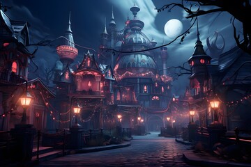 3D rendering of a fantasy city in the night with lanterns