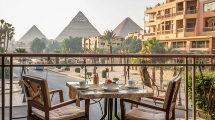 Obraz premium an authentic Egyptian breakfast spread, complete with traditional dishes like foul medames, taameya, and falafel, alongside freshly brewed coffee and a stack of crepes drizzled with honey.
