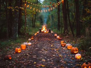 A whimsical Halloween trail full of glowing pumpkins, lanterns, and fall foliage under a twilight sky. - Powered by Adobe
