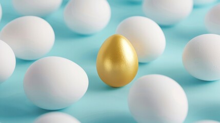 Among white eggs on a blue background, one golden egg stands out, indicating individuality and exclusivity ...