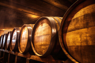 generated illustration of large wooden wine barrels stored in underground cellar.