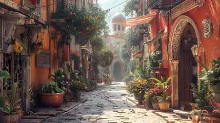 A realistic painting of a narrow street in a Mediterranean town. The street is lined with colorful...