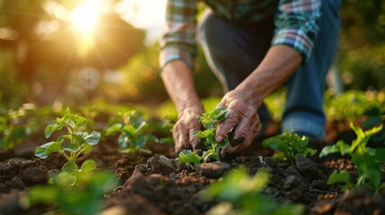 The senior woman tends to her plants with care in her back yard garden.