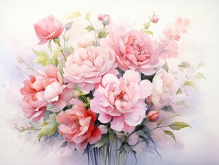 Soft, ethereal watercolor of a bouquet filled with ranunculus and stock, with overlapping petals suggesting a serene breeze ,  watercolor painting