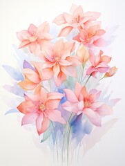 Soft, ethereal watercolor of a summer bouquet, with overlapping petals suggesting movement, embodying the grace of nature ,  watercolor painting