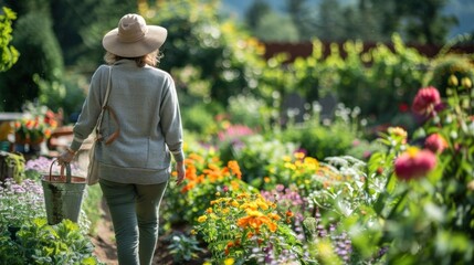 The senior woman tends to her plants with care in her back yard garden.