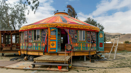 A compact yurt-style dwelling on wheels, with a domed roof and colorful fabric walls