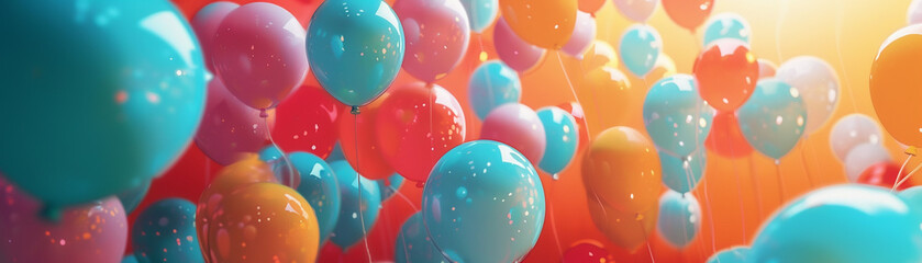 A bunch of colorful balloons floating in the air with a bright light in the background.