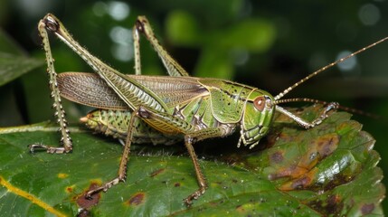 Close-up of a grasshopper perched on a leaf, camouflaged among the foliage with its green and brown markings.