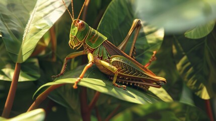 Close-up of a grasshopper perched on a leaf, camouflaged among the foliage with its green and brown markings.