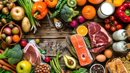 a rustic wooden table, showcasing a colorful arrangement of meat, fish, vegetables, fruits, and milk from an aerial perspective, embodying the essence of a wholesome eating concept.