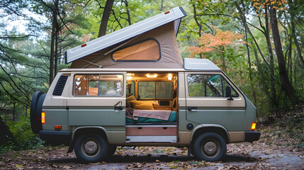 A cozy camper van with a pop-up roof for additional sleeping space