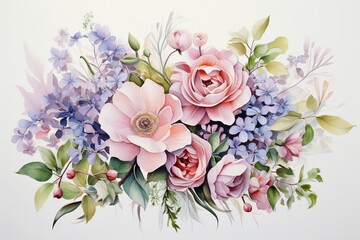 Watercolor painting of a wedding bouquet, soft pastels and asymmetrical green leaves, emphasizing natural elegance ,  watercolor painting