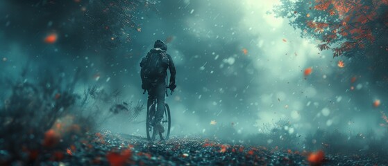 A person rides a bike amidst falling leaves in a misty forest - Powered by Adobe